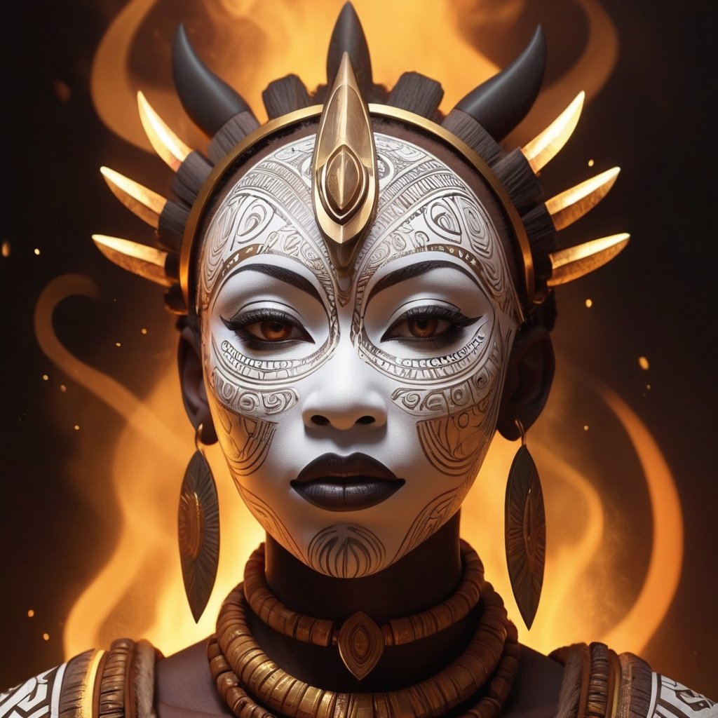 African woman in full head dress and mask